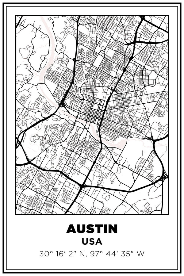 Austin, Texas USA Street Map White BG Plexi Glass Wall Art