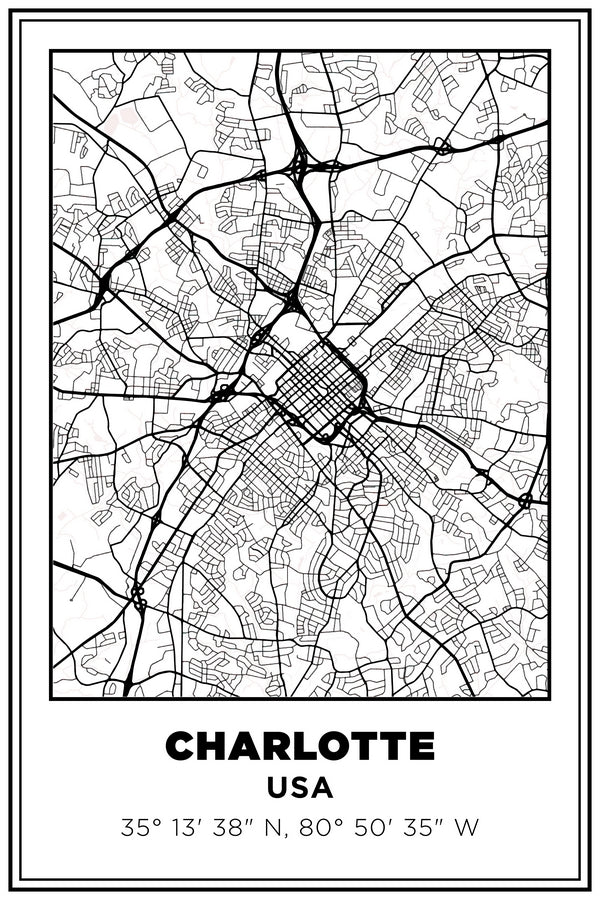 Charlotte, North Carolina USA Street Map White BG Plexi Glass Wall Art