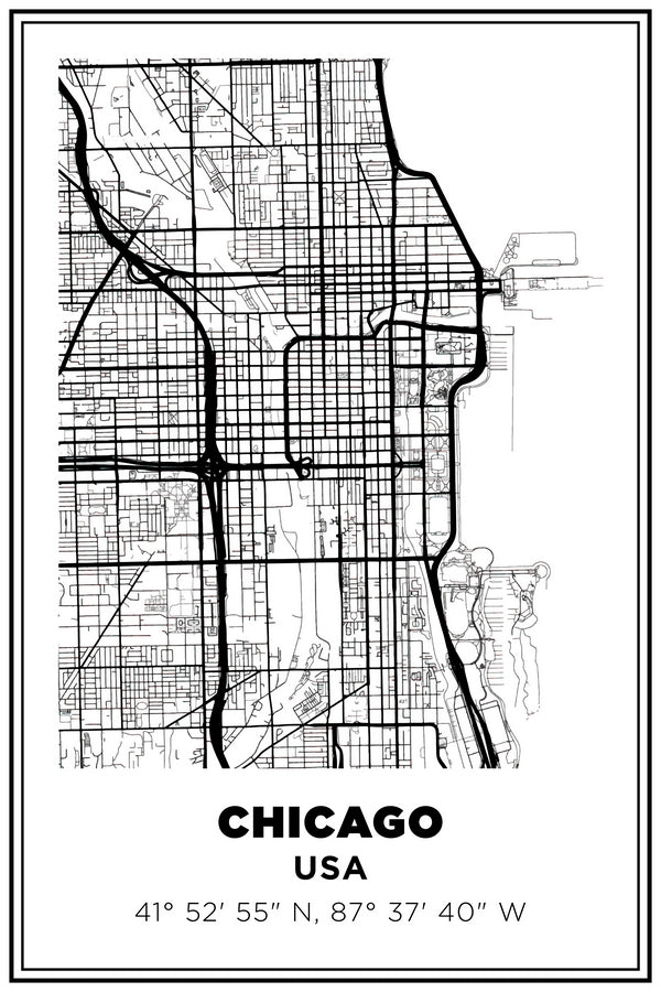 Chicago, Illinois USA Street Map White BG Plexi Glass Wall Art