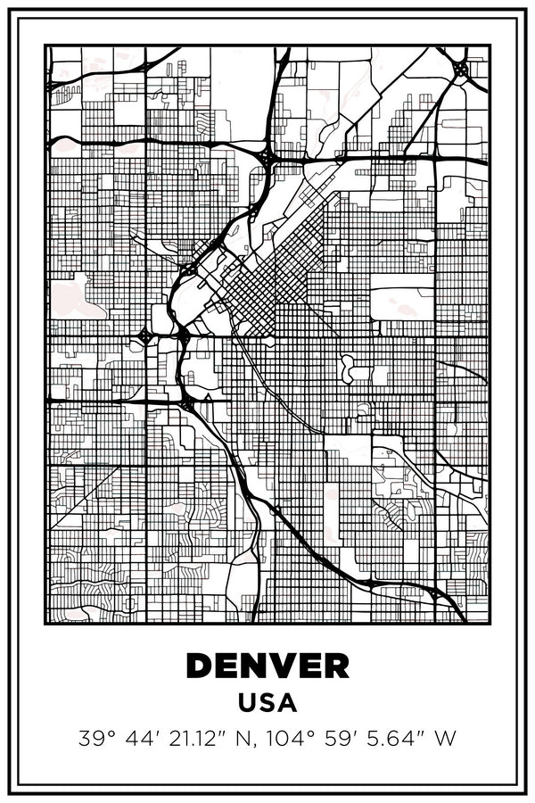 Denver, Colorado USA Street Map White BG Plexi Glass Wall Art