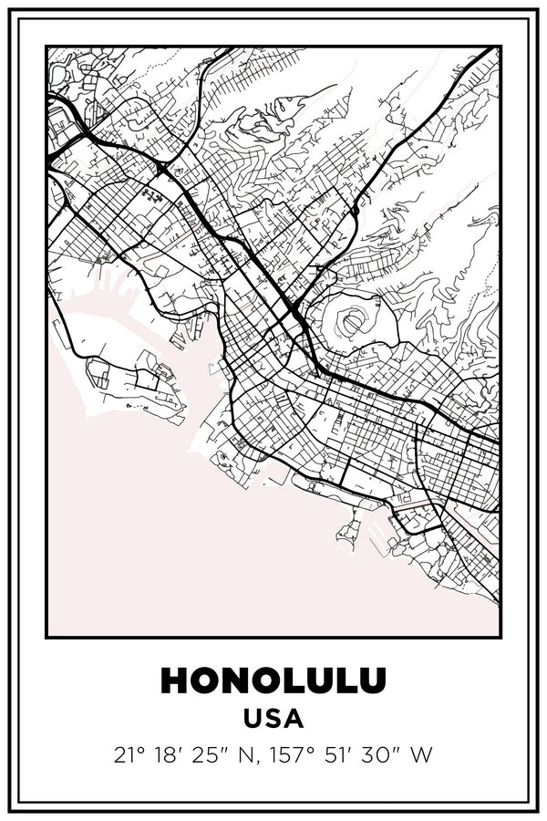 Honolulu, Hawaii USA Street Map White BG Plexi Glass Wall Art