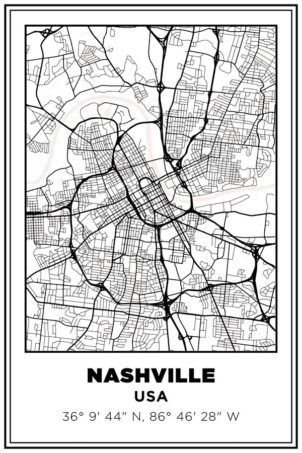 Nashville, Tennessee USA Street Map White BG Plexi Glass Wall Art