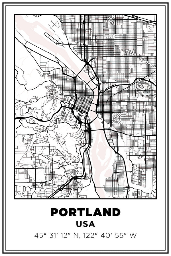 Portland, Oregon USA Street Map White BG Plexi Glass Wall Art