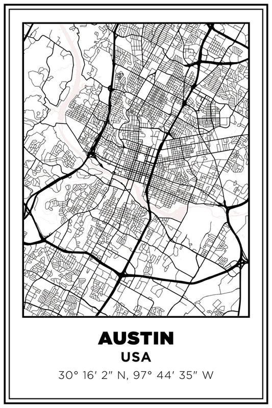 Austin, Texas USA Street Map White BG Plexi Glass Wall Art