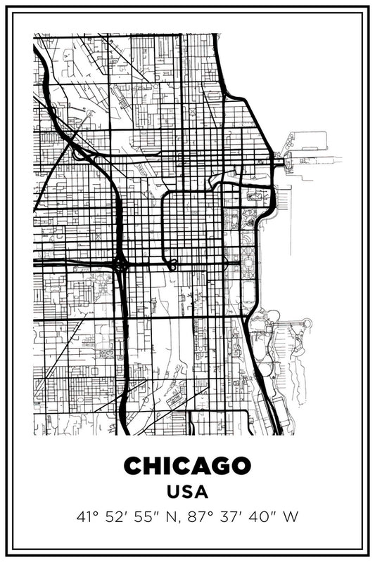 Chicago, Illinois USA Street Map White BG Plexi Glass Wall Art