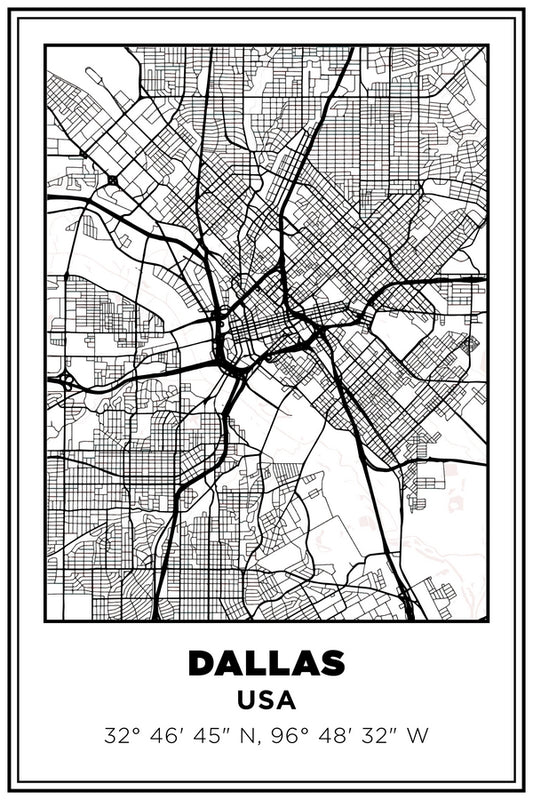 Dallas, Texas USA Street Map White BG Plexi Glass Wall Art