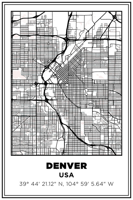 Denver, Colorado USA Street Map White BG Plexi Glass Wall Art