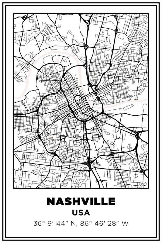 Nashville, Tennessee USA Street Map White BG Plexi Glass Wall Art