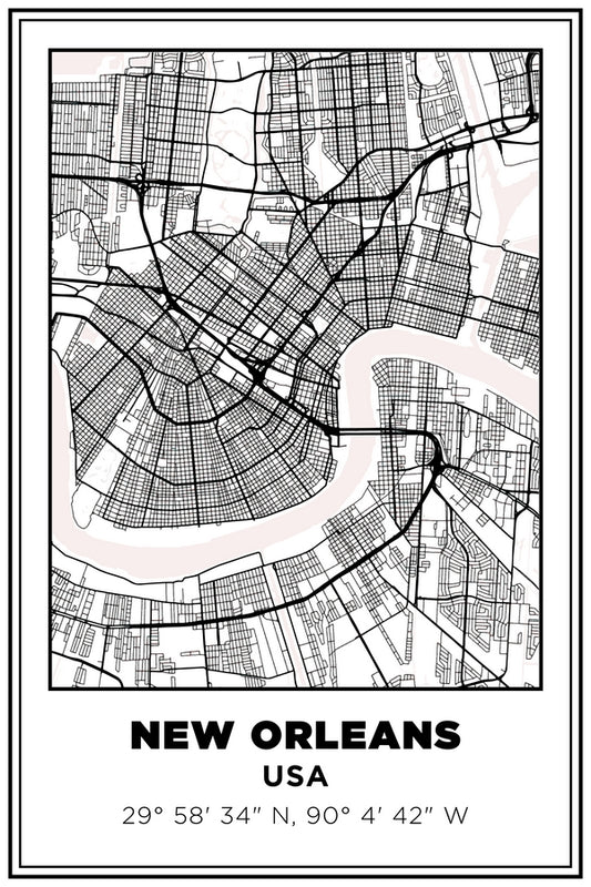 New Orleans, Louisiana USA Street Map White BG Plexi Glass Wall Art