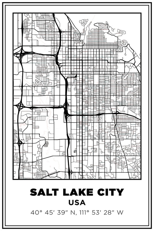 Salt Lake City, Utah USA Street Map White BG Plexi Glass Wall Art