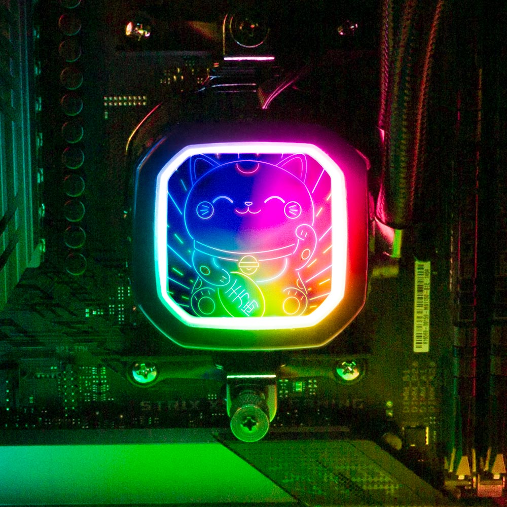 Neon Maneki Neko AIO Cover for Corsair RGB Hydro Platinum and Pro Series (H100i, H115i, H150i, H100X, XT, X, SE, H60) - Donnie Art - V1Tech