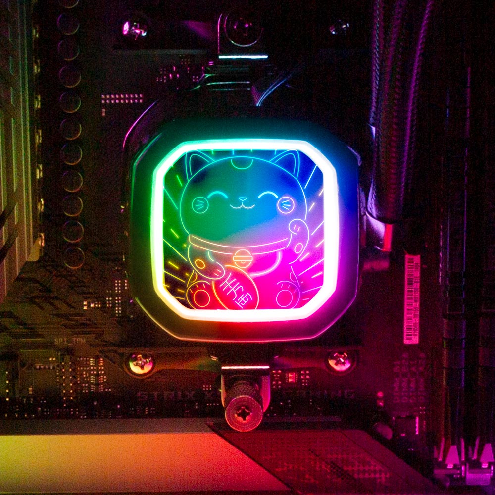 Neon Maneki Neko AIO Cover for Corsair RGB Hydro Platinum and Pro Series (H100i, H115i, H150i, H100X, XT, X, SE, H60) - Donnie Art - V1Tech
