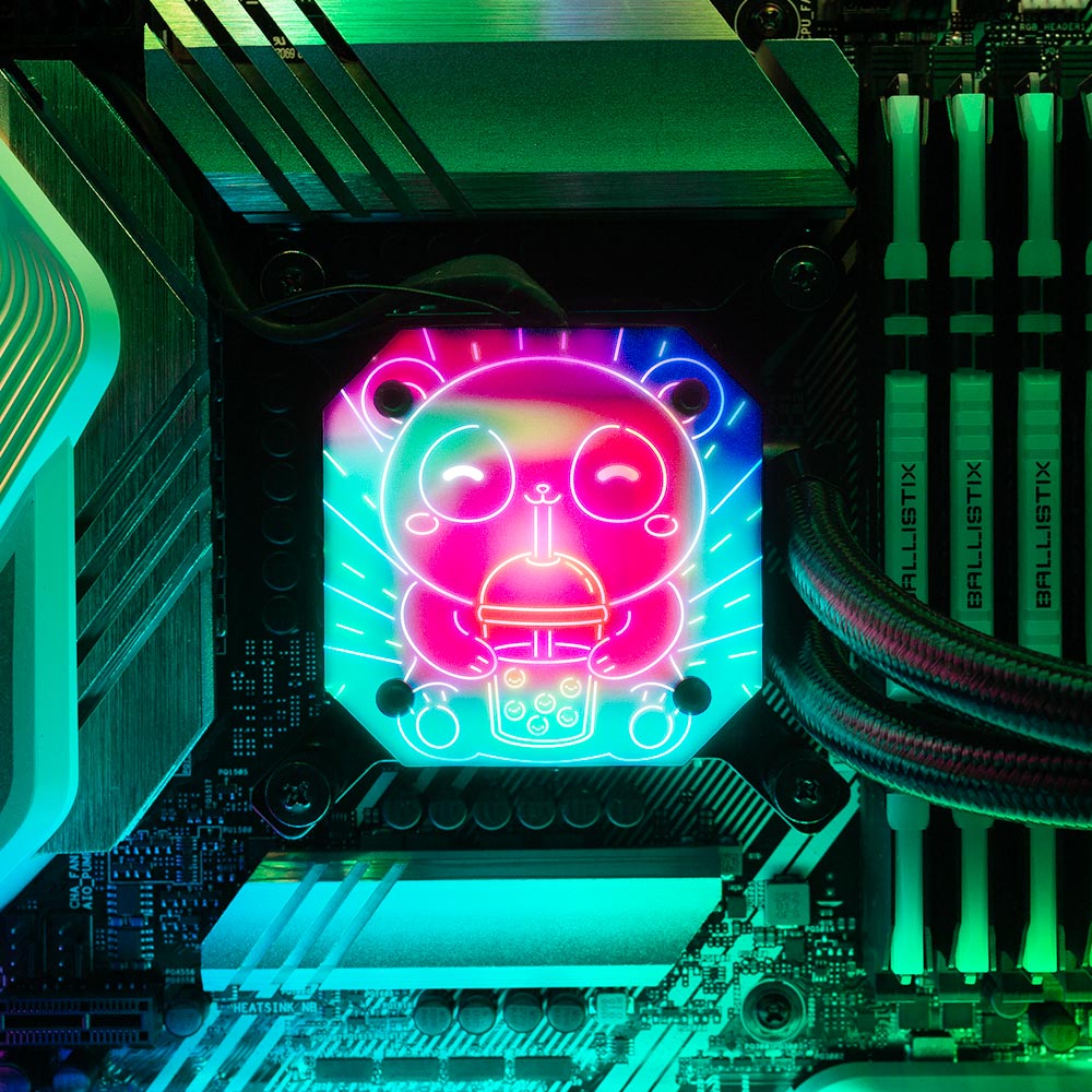 Neon Panda Boba Tea AIO Cover for Corsair iCUE ELITE CAPELLIX (H100i, H115i, H150i Black and White) - Donnie Art - V1Tech