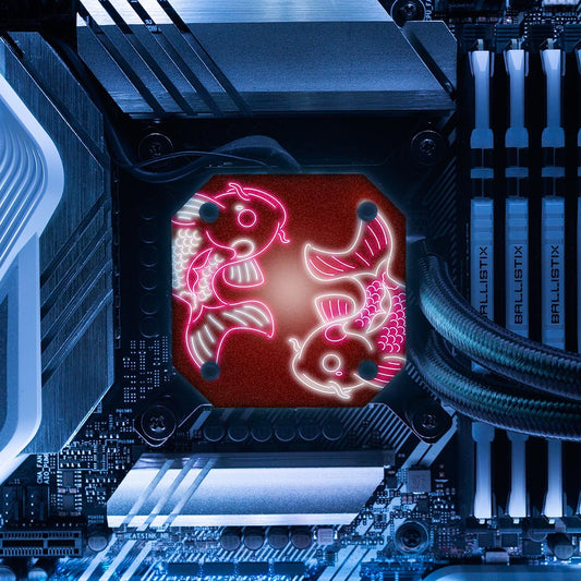 Red Neon Carpe Koi AIO Cover for Corsair iCUE ELITE CAPELLIX (H100i, H115i, H150i Black and White) - Donnie Art - V1Tech