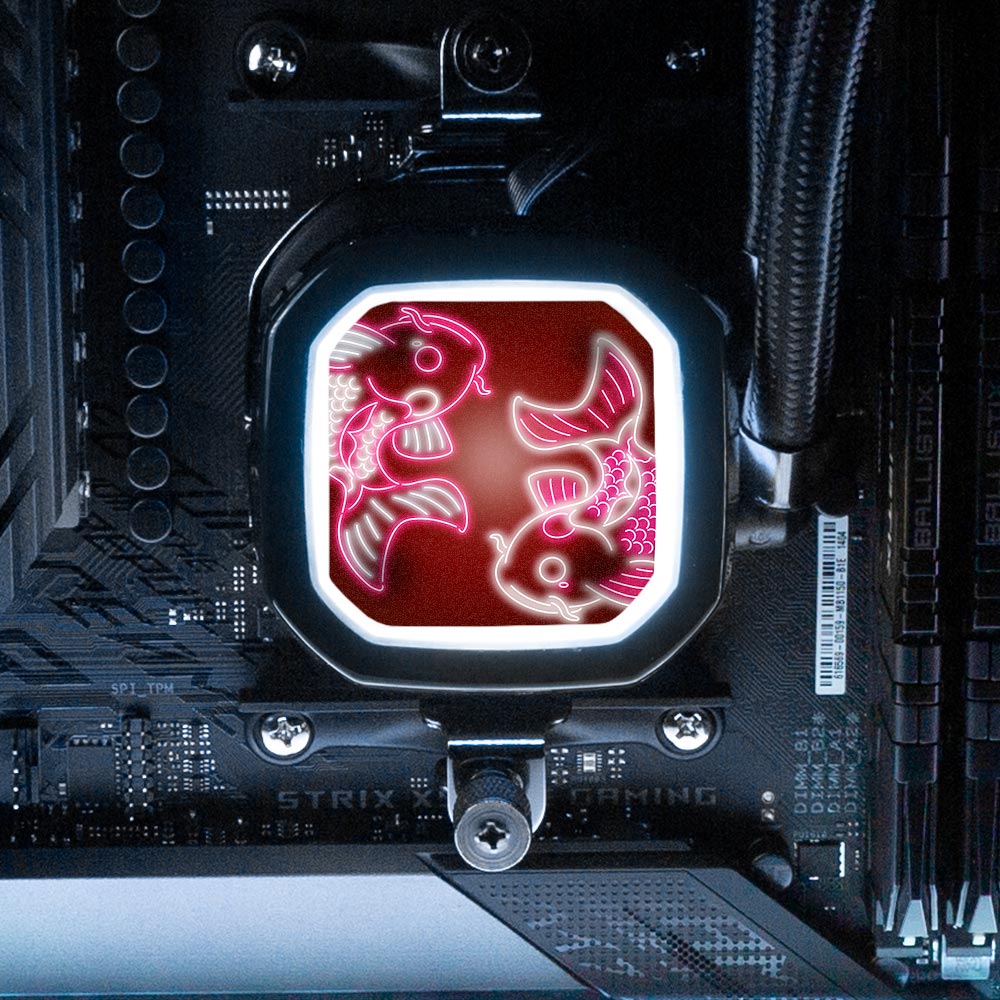Red Neon Carpe Koi AIO Cover for Corsair RGB Hydro Platinum and Pro Series (H100i, H115i, H150i, H100X, XT, X, SE, H60) - Donnie Art - V1Tech