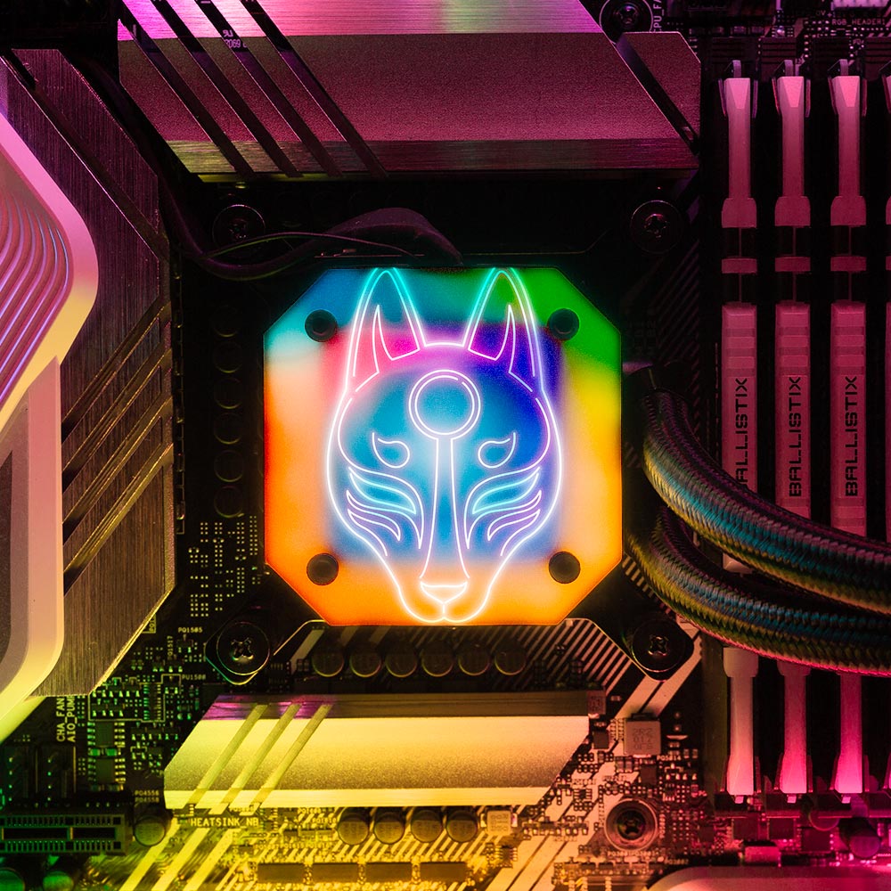 V2 Neon Kitsune Mask AIO Cover for Corsair iCUE ELITE CAPELLIX (H100i, H115i, H150i Black and White) - Donnie Art - V1Tech