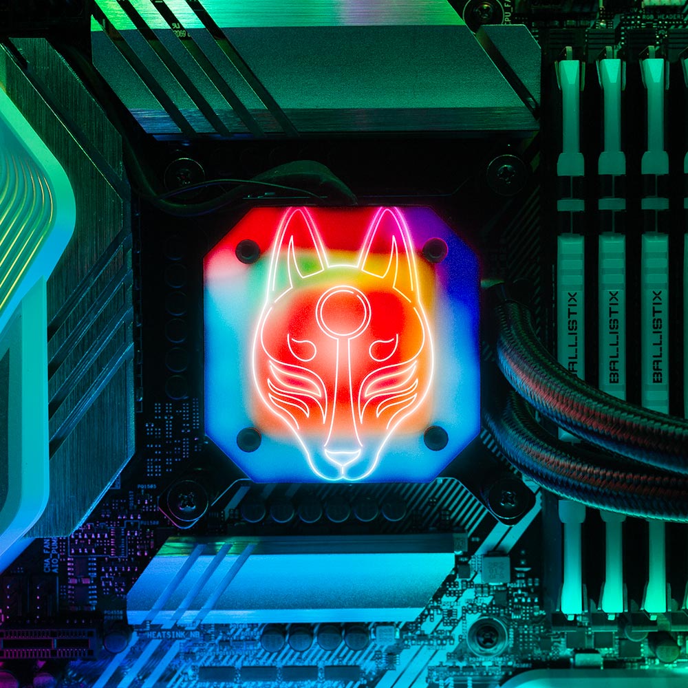 V2 Neon Kitsune Mask AIO Cover for Corsair iCUE ELITE CAPELLIX (H100i, H115i, H150i Black and White) - Donnie Art - V1Tech