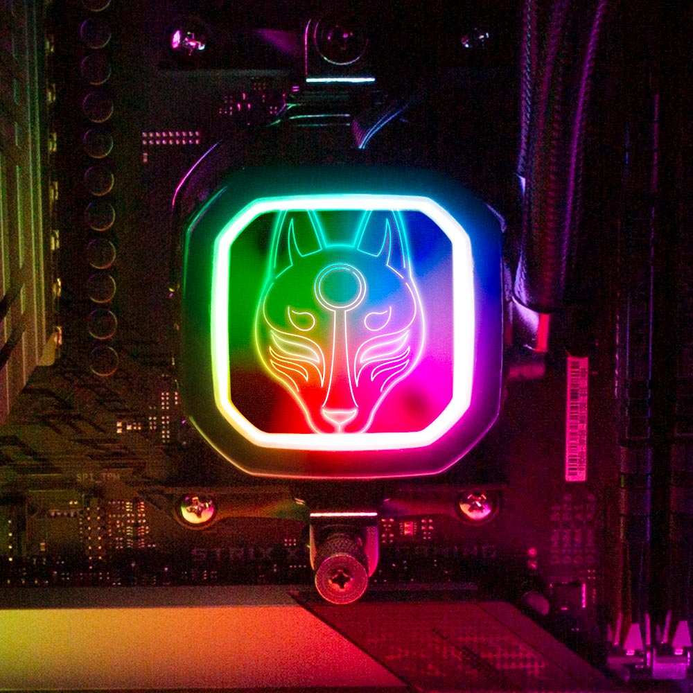 V2 Neon Kitsune Mask AIO Cover for Corsair RGB Hydro Platinum and Pro Series (H100i, H115i, H150i, H100X, XT, X, SE, H60) - Donnie Art - V1Tech